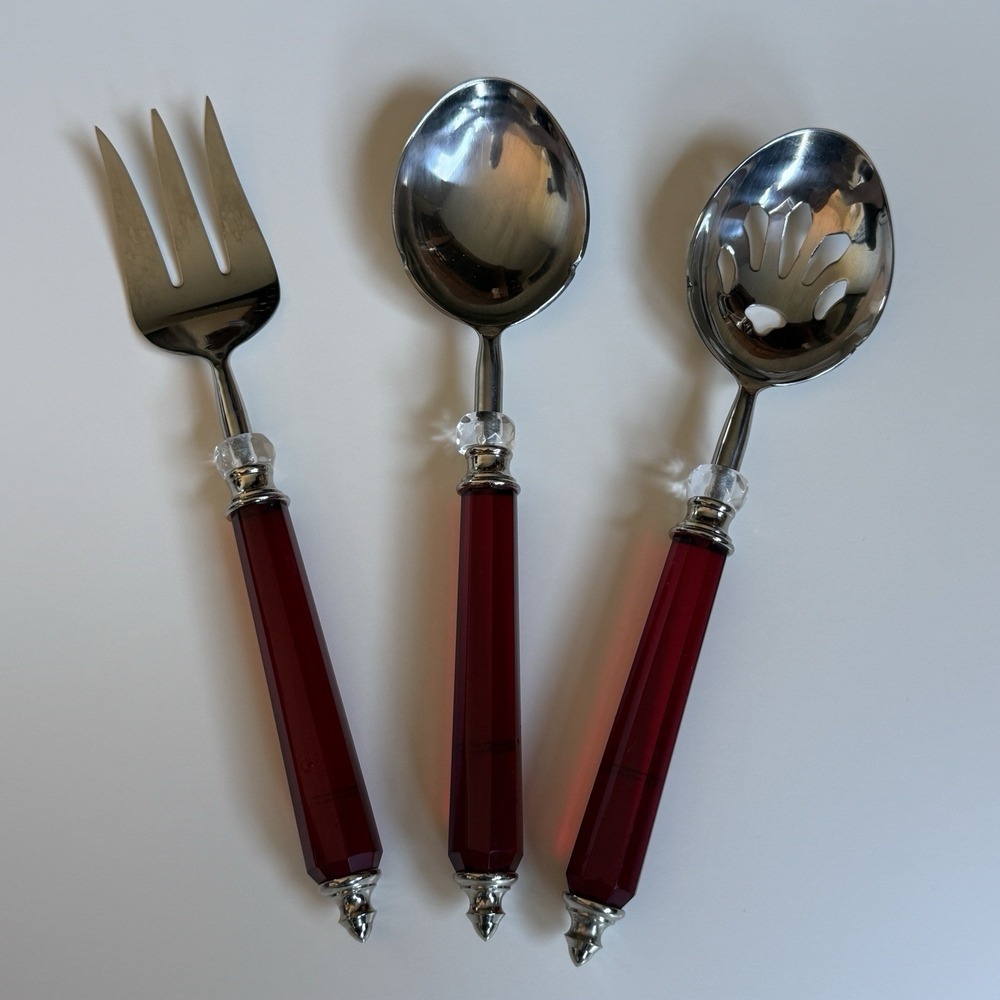 Lenox Holiday Gathering Acrylic Jewel Red Handles‎ 3 Piece Serving Set Holiday